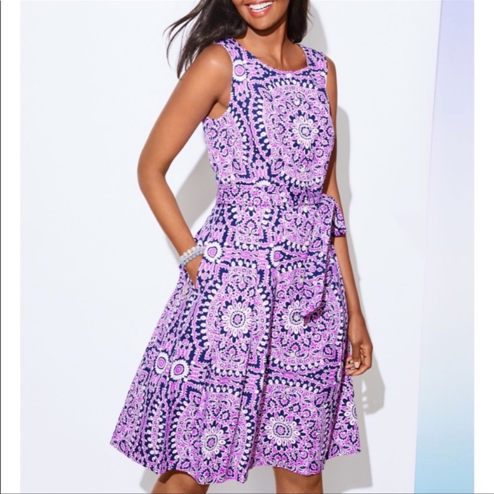 Talbots Poplin Fit & Flare Purple Medallion Print Button Front Dress Size 4P